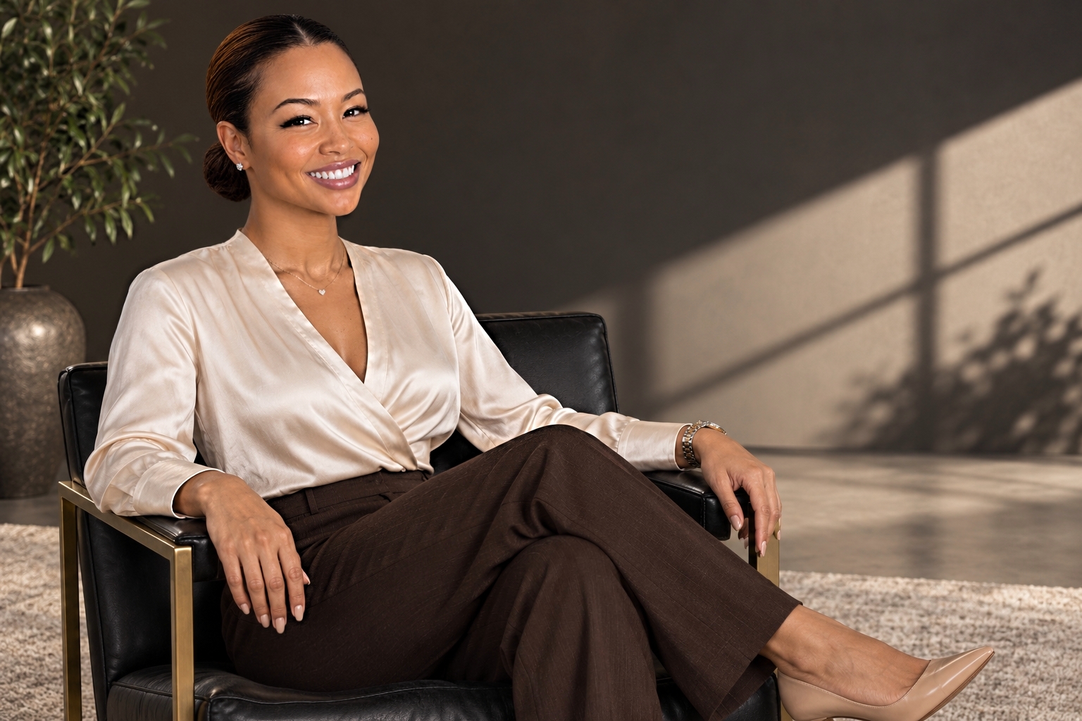 Tomika Skanes, REALTOR®, seated in a white blazer