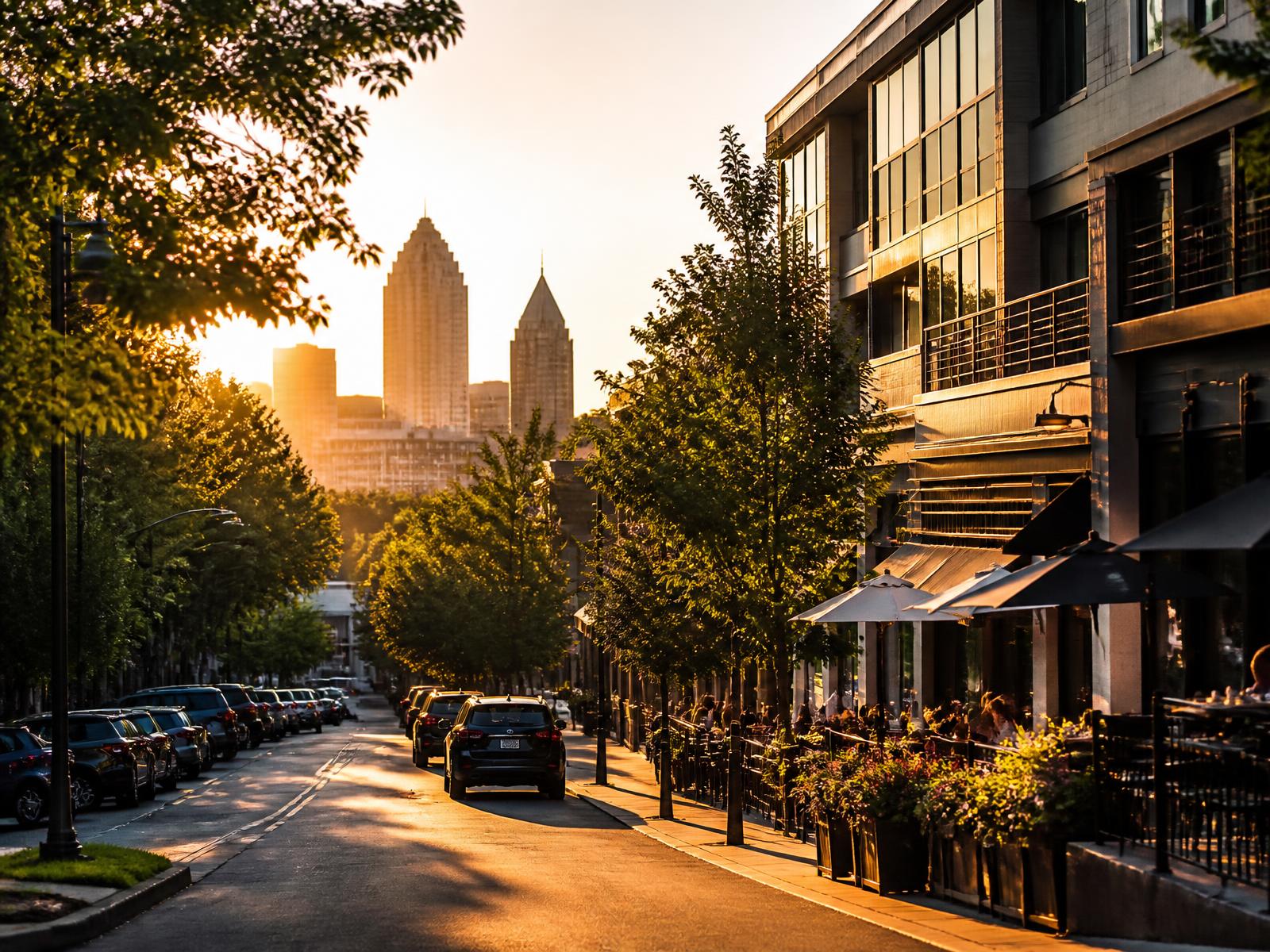 Tree-lined Atlanta street at golden hour