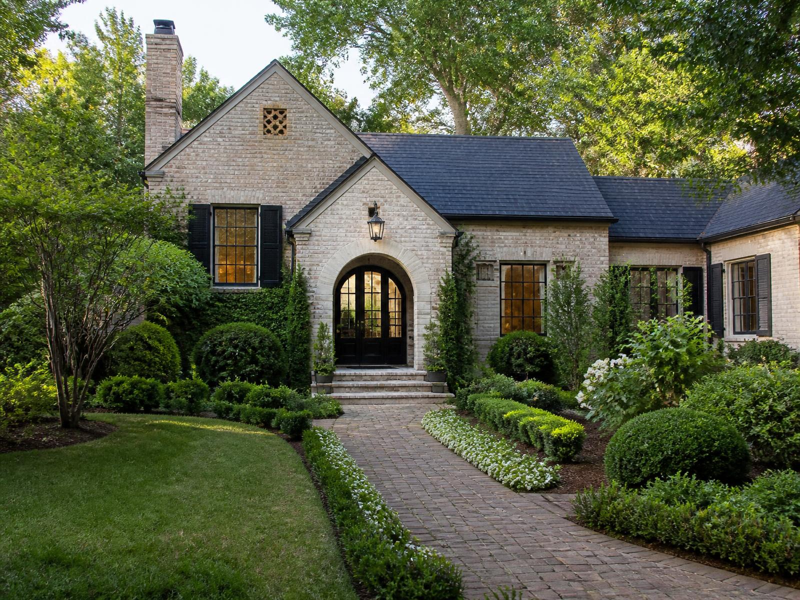 Renovated brick residence surrounded by formal gardens