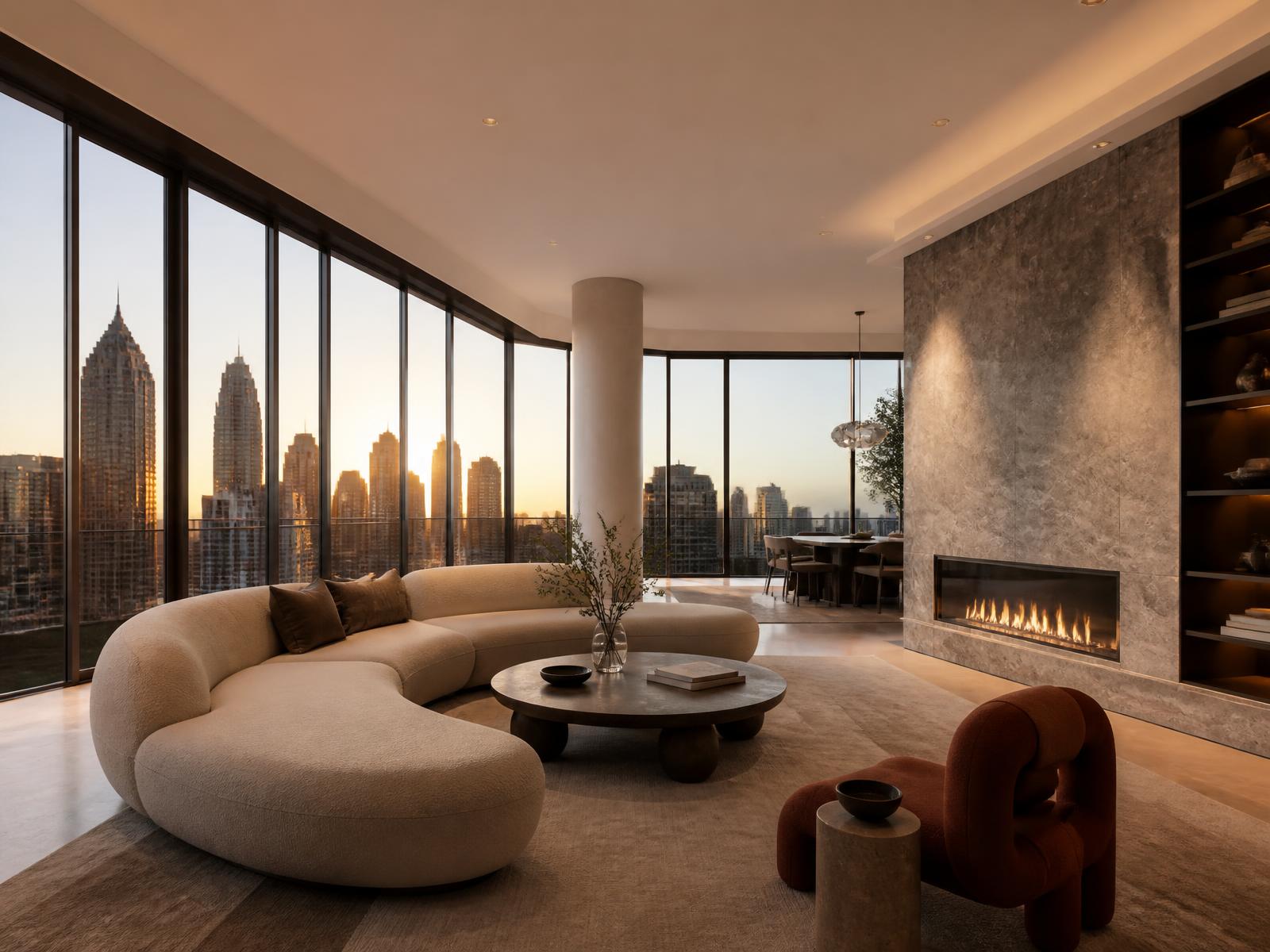 Warm modern penthouse interior overlooking the Atlanta skyline